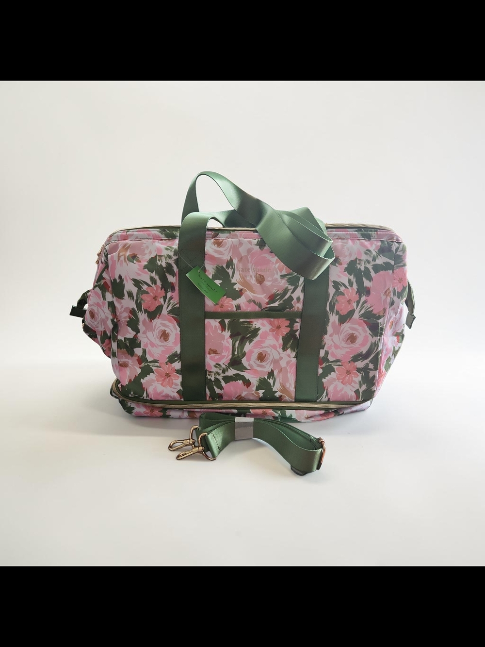 kate spade Pink Floral Travel Weekender with Green Straps